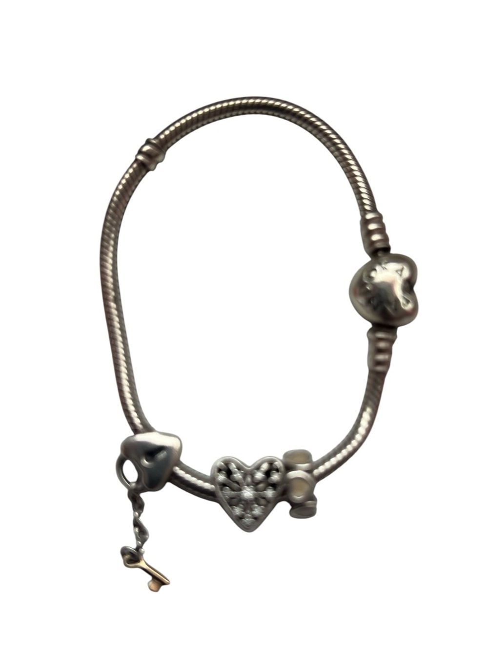Pandora Silver Heart Charm Bracelet with Key Dangle